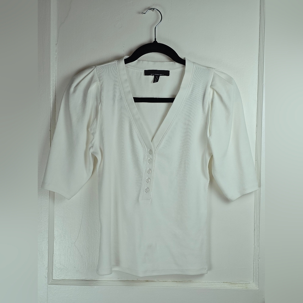 White House Black Market White Ribbed Knit Puff Sleeve Henley Top XS